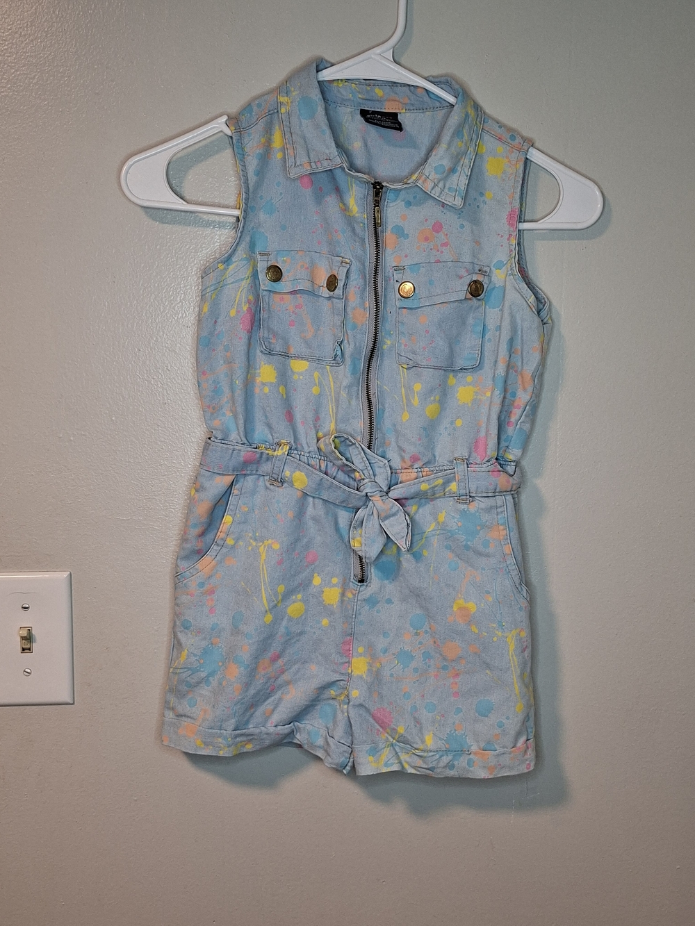 Light Blue Girls' Denim Romper with Pastel Paint Splatter